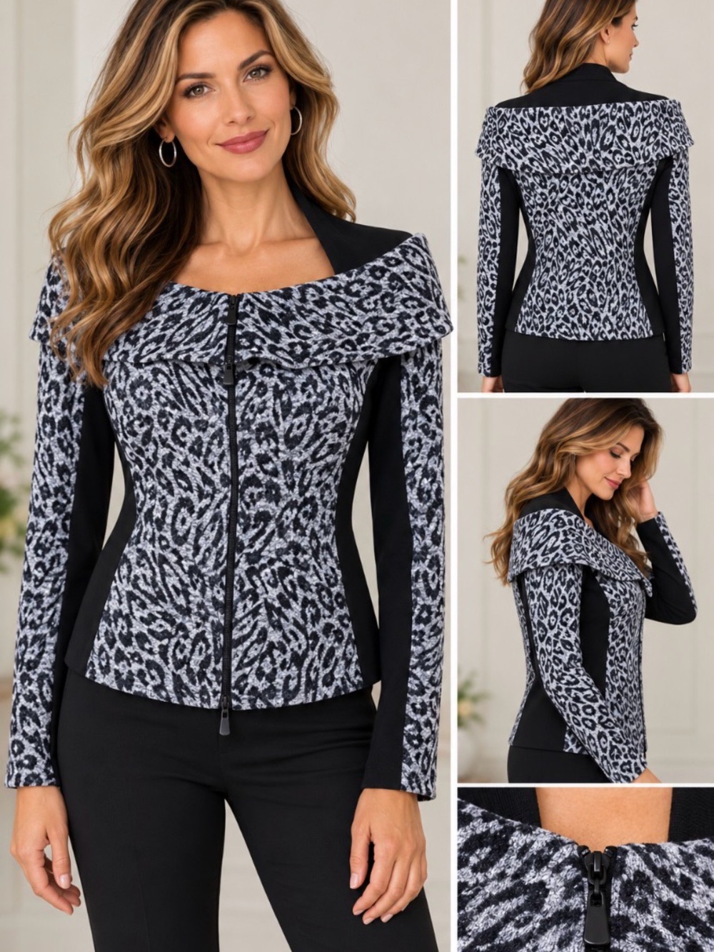 Joseph Ribkoff Black and Gray Leopard-Print Blazer